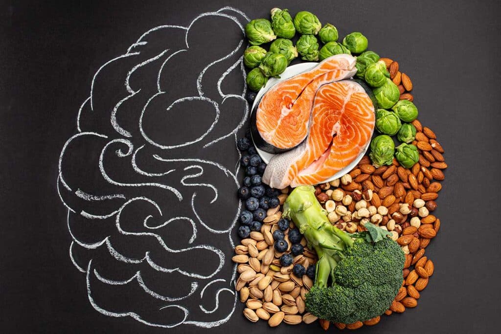 brain chalk drawing and food
